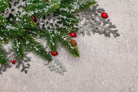 Christmas background. New Year fir tree, dog rose, fresh leaves and artificial snow. Stone concrete backdrop, copy space, top viewの写真素材