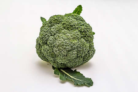 Ripe single broccoli. Fresh whole head of cabbage, green leaves. Isolated on white background, copy space, close upの写真素材