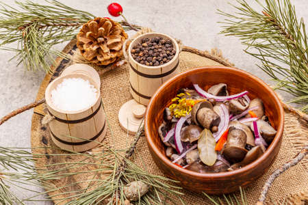 Pickled or fermented mushrooms. Traditional Christmas snack. New Year Festive cutlery. Evergreen pine, cone, spices, chopping board. Stone concrete backgroundの写真素材