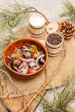 Pickled or fermented mushrooms. Traditional Christmas snack. New Year Festive cutlery. Evergreen pine, cone, spices, chopping board. Stone concrete backgroundの写真素材