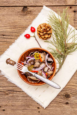 Pickled or fermented mushrooms. Traditional Christmas snack. New Year Festive cutlery. Evergreen pine, cone, spices, napkin. Wooden boards background, copy space, top viewの写真素材