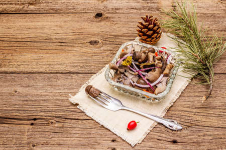 Pickled or fermented mushrooms. Traditional Christmas snack. New Year Festive cutlery. Evergreen pine, cone, spices, crystal plate. Wooden boards background, copy spaceの写真素材