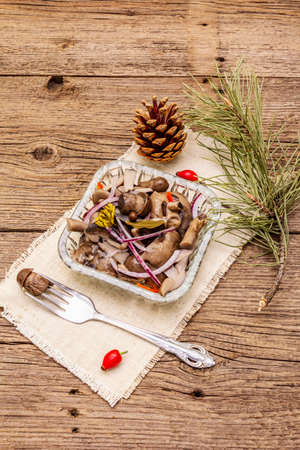 Pickled or fermented mushrooms. Traditional Christmas snack. New Year Festive cutlery. Evergreen pine, cone, spices, crystal plate. Wooden boards background, copy spaceの写真素材