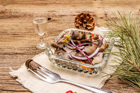 Pickled or fermented mushrooms. Traditional Christmas snack. New Year Festive cutlery. Evergreen pine, cone, spices, glass of vodka. Wooden boards background, copy spaceの写真素材