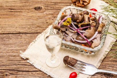Pickled or fermented mushrooms. Traditional Christmas snack. New Year Festive cutlery. Evergreen pine, cone, spices, glass of vodka. Wooden boards background, copy spaceの写真素材