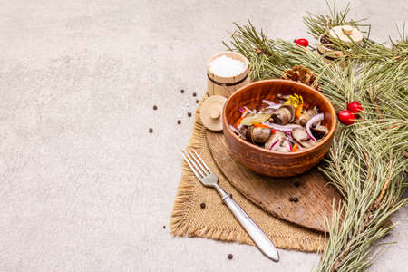 Pickled or fermented mushrooms. Traditional Christmas snack. New Year Festive cutlery. Evergreen pine, cone, spices, chopping board. Stone concrete background copy spaceの写真素材