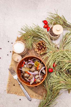 Pickled or fermented mushrooms. Traditional Christmas snack. New Year Festive cutlery. Evergreen pine, cone, spices, chopping board. Stone concrete background, top view, close upの写真素材