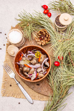 Pickled or fermented mushrooms. Traditional Christmas snack. New Year Festive cutlery. Evergreen pine, cone, spices, chopping board. Stone concrete background, top view, close upの写真素材