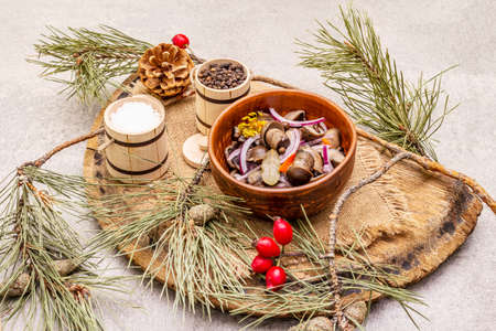 Pickled or fermented mushrooms. Traditional Christmas snack. New Year Festive cutlery. Evergreen pine, cone, spices, chopping board. Stone concrete backgroundの写真素材