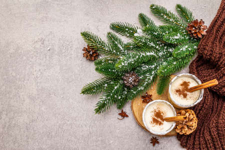 Homemade eggnog with cinnamon in glass. Typical Christmas dessert. Evergreen fir brunch, cones, cozy plaid, artificial snow. Stone concrete background, copy space, top viewの写真素材