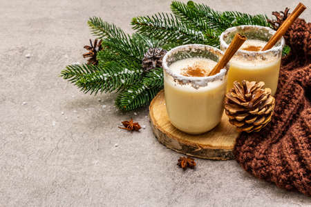 Homemade eggnog with cinnamon in glass. Typical Christmas dessert. Evergreen fir brunch, cones, cozy plaid, artificial snow. Stone concrete background, copy spaceの写真素材