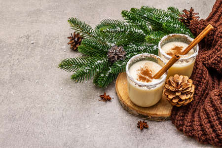Homemade eggnog with cinnamon in glass. Typical Christmas dessert. Evergreen fir brunch, cones, cozy plaid, artificial snow. Stone concrete background, copy spaceの写真素材