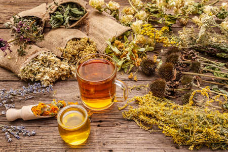 Tea with honey. Herbal harvest collection and bouquets of wild herbs. Alternative medicine. Natural pharmacy, self-care concept. Old wooden boards backgroundの写真素材