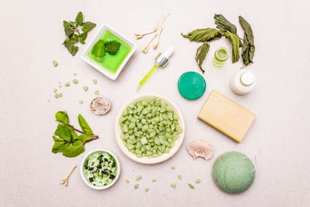 Healthy self-care. Minimalistic organic lifestyle. Comfort and natural pharmacy. Sea salt, herbal oil, dry and fresh leaves. Bowls, stone concrete background, top viewの写真素材