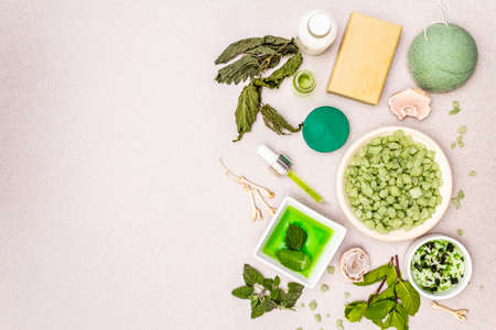 Healthy self-care. Minimalistic organic lifestyle. Comfort and natural pharmacy. Sea salt, herbal oil, dry and fresh leaves. Bowls, stone concrete background, copy space, top viewの写真素材