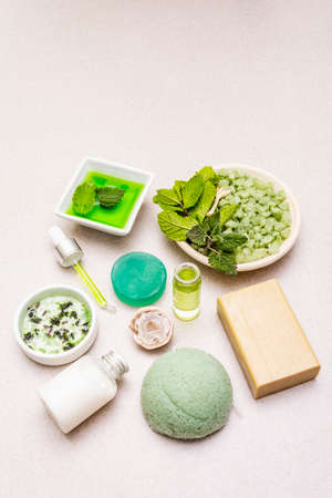 Healthy self-care. Minimalistic organic lifestyle. Comfort and natural pharmacy. Sea salt, herbal oil, dry and fresh leaves. Bowls, stone concrete background, copy spaceの写真素材