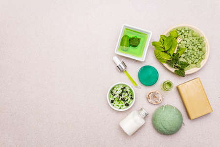 Healthy self-care. Minimalistic organic lifestyle. Comfort and natural pharmacy. Sea salt, herbal oil, dry and fresh leaves. Bowls, stone concrete background, copy space, top viewの写真素材