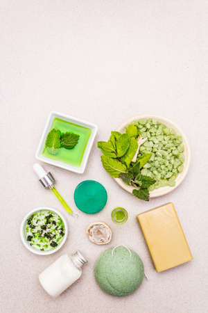 Healthy self-care. Minimalistic organic lifestyle. Comfort and natural pharmacy. Sea salt, herbal oil, dry and fresh leaves. Bowls, stone concrete background, copy space, top viewの写真素材
