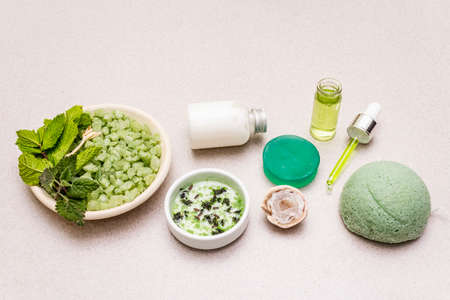 Healthy self-care. Minimalistic organic lifestyle. Comfort and natural pharmacy. Sea salt, herbal oil, dry and fresh leaves. Bowls, stone concrete background, copy space, close upの写真素材