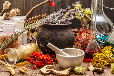 Witch's Laboratory. Alchemical equipment, apothecary treatment. Mortar and pestle, bottles, powders, dry herbs. Halloween concept, old wooden boards backgroundの写真素材