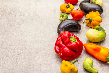 Trendy ugly organic vegetables. Assortment of fresh pepper, eggplant, cucumber, tomato, pumpkin. Cooking ugly food concept. Stone concrete background, copy spaceの写真素材
