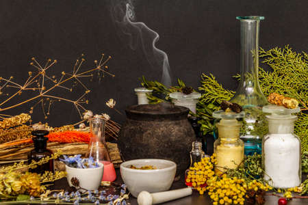 Halloween concept. Alchemy laboratory of the witch. Flasks, retorts, cauldron, mortars and pestle, powders, dried herbs, berries. Light smoke, black stone backgroundの写真素材