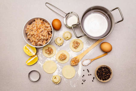 Fish dumplings. Ingredients for home cooking. Fresh dough, fish, spices, cooking equipment. Stone...