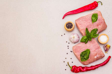 Raw pork meat loin with fresh vegetables and dry spice. Animal protein healthy cooking concept. Chili and black pepper, garlic, basil, sea salt. Light stone concrete background, copy space, top viewの写真素材