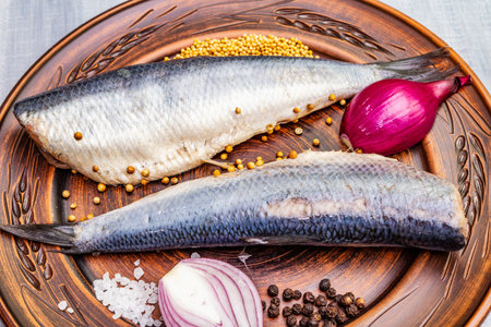 Traditional Norwegian slightly salted herring. Healthy seafood concept. Vegetarian ingredient with...
