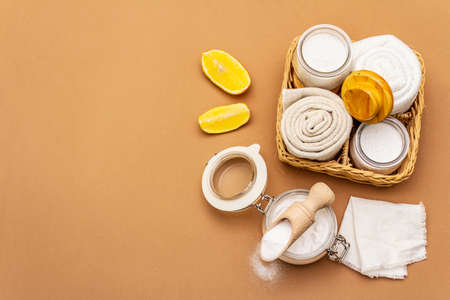 Zero waste home cleaning. Eco friendly products set, lifestyle concept. Natural ingredients, light...
