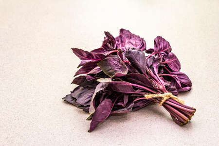 Fresh organic herb purple basil. Flat lay cooking concrete stone background, healthy food concept, copy space, close upの写真素材