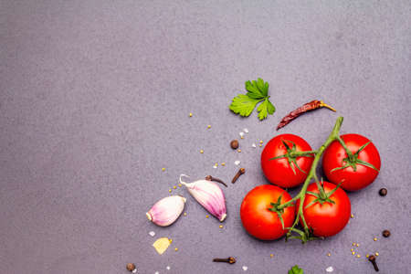 Cooking stone concrete background with spices, herbs, tomatoes. Traditional Italian vegetables and spices for preparation healthy food, copy space, top viewの写真素材