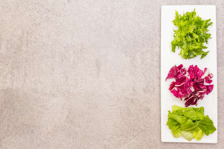 Vegan (vegetarian) healthy food concept. Fresh organic salad mix of radicchio, escarole endive and frize lettuce. On white ceramic plate on stone cooking background, copy space, top viewの写真素材