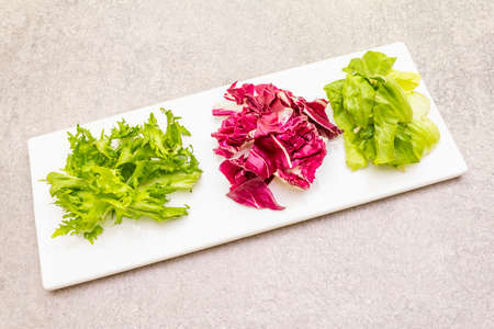 Vegan (vegetarian) healthy food concept. Fresh organic salad mix of radicchio, escarole endive and frize lettuce. On white ceramic plate on stone cooking background, copy spaceの写真素材