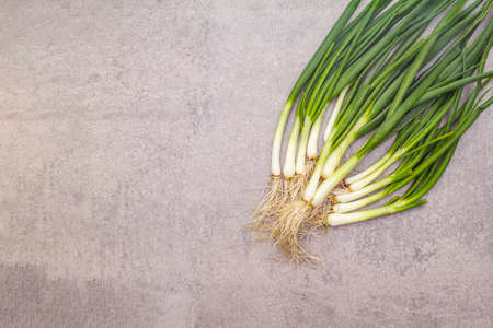 A bunch of fresh green onions. Healthy vegetarian (vegan) food concept, ingredient for cooking. On a stone background, top view, copy spaceの写真素材