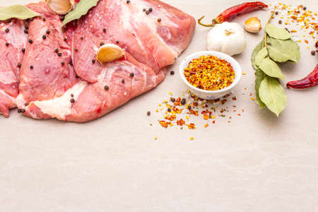 Raw pork shoulder with spices. Bay leaf, garlic. On a stone background, copy spaceの写真素材