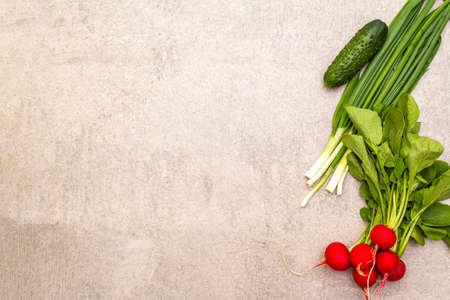 Assortment fresh organic vegetables. Food cooking stone background. Healthy vegetarian (vegan) eating concept, copy space, top view, flat layの写真素材