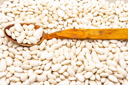 Dry lima beans stone background, with wooden spoon, top view, wallpaper, close up, macro