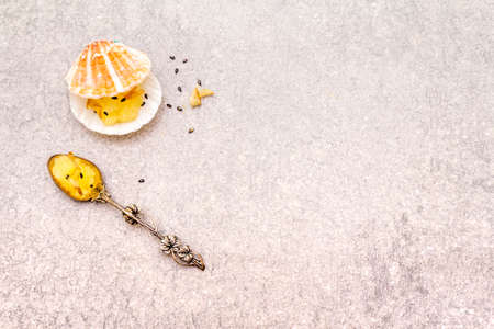 Capelin roe in seashells. Black sesame seeds with bonito flakes. Lightly salted caviar snack in silver spoon on a stone background, top view.の写真素材