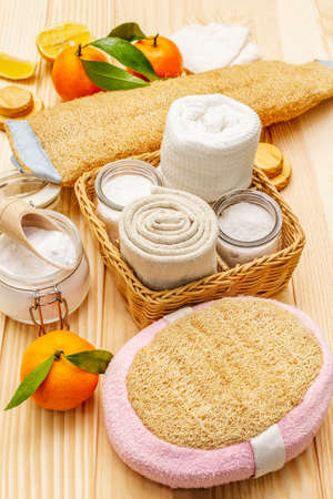 Zero waste home cleaning. Eco friendly products set, lifestyle concept. Natural ingredients, wooden boards background, close upの写真素材