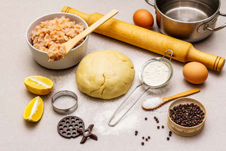 Fish dumplings. Ingredients for home cooking. Fresh dough, fish, spices, cooking equipment. Stone concrete backgroundの写真素材