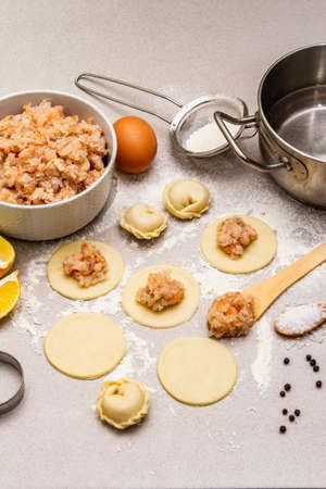 Fish dumplings. Ingredients for home cooking. Fresh dough, fish, spices, cooking equipment. Stone concrete backgroundの写真素材