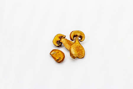 Dried porcini mushrooms isolated on white background. Traditional ingredient for cooking healthy food, copy space, top viewの写真素材
