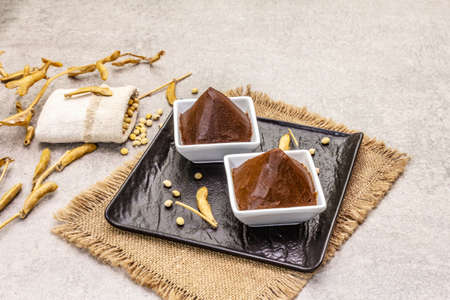 Miso paste, traditional Japanese seasoning. Two types, dark and light brown with dry soya beans. Sackcloth, bag, pods. Stone concrete background, copy spaceの写真素材