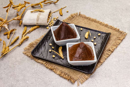 Miso paste, traditional Japanese seasoning. Two types, dark and light brown with dry soya beans. Sackcloth, bag, pods. Stone concrete background, copy spaceの写真素材