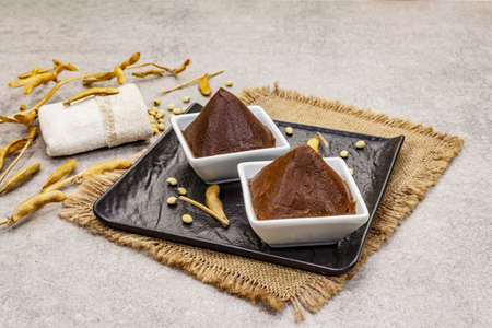 Miso paste, traditional Japanese seasoning. Two types, dark and light brown with dry soya beans. Sackcloth, bag, pods. Stone concrete background, copy spaceの写真素材