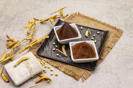 Miso paste, traditional Japanese seasoning. Two types, dark and light brown with dry soya beans. Sackcloth, bag, pods. Stone concrete background, copy spaceの写真素材