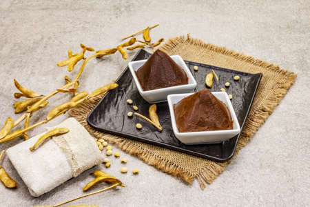 Miso paste, traditional Japanese seasoning. Two types, dark and light brown with dry soya beans. Sackcloth, bag, pods. Stone concrete background, copy spaceの写真素材