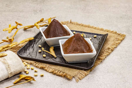 Miso paste, traditional Japanese seasoning. Two types, dark and light brown with dry soya beans. Sackcloth, bag, pods. Stone concrete background, copy spaceの写真素材