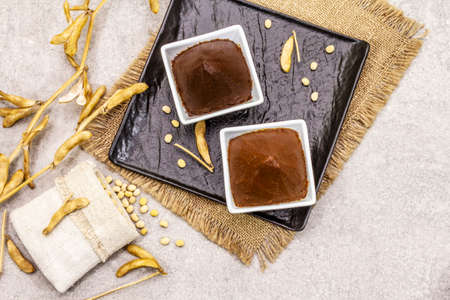 Miso paste, traditional Japanese seasoning. Two types, dark and light brown with dry soya beans. Sackcloth, bag, pods. Stone concrete background, top view, copy spaceの写真素材